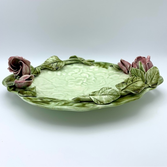 Vintage Majolica Pottery Platter 12” Green Leaves Pink Capodimonte Raised Roses - Picture 4 of 16